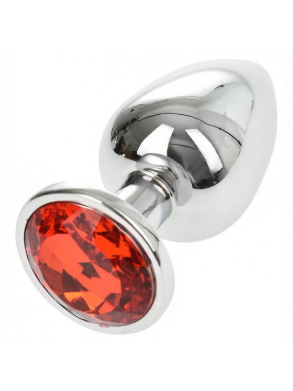 Large Metallic Butt Plug Silver/Red - nss4038150